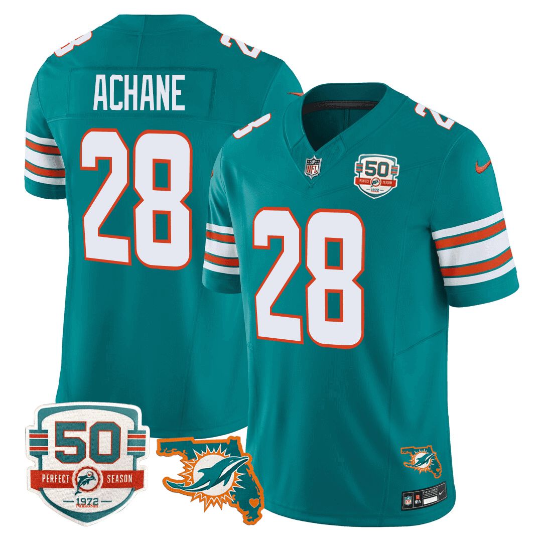 Men Miami Dolphins #28 Achane Green 2024 Nike Throwback 50th Perfect Season Florida Patch Vapor NFL Jersey